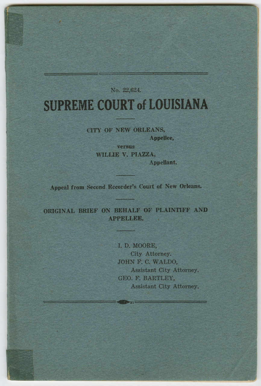 Cover of a legal document titled Supreme Court of Louisiana. It involves a case between the City of New Orleans and Willie V. Piazza. Appears to be an original brief on behalf of the plaintiff and appellee. Names of attorneys are listed.