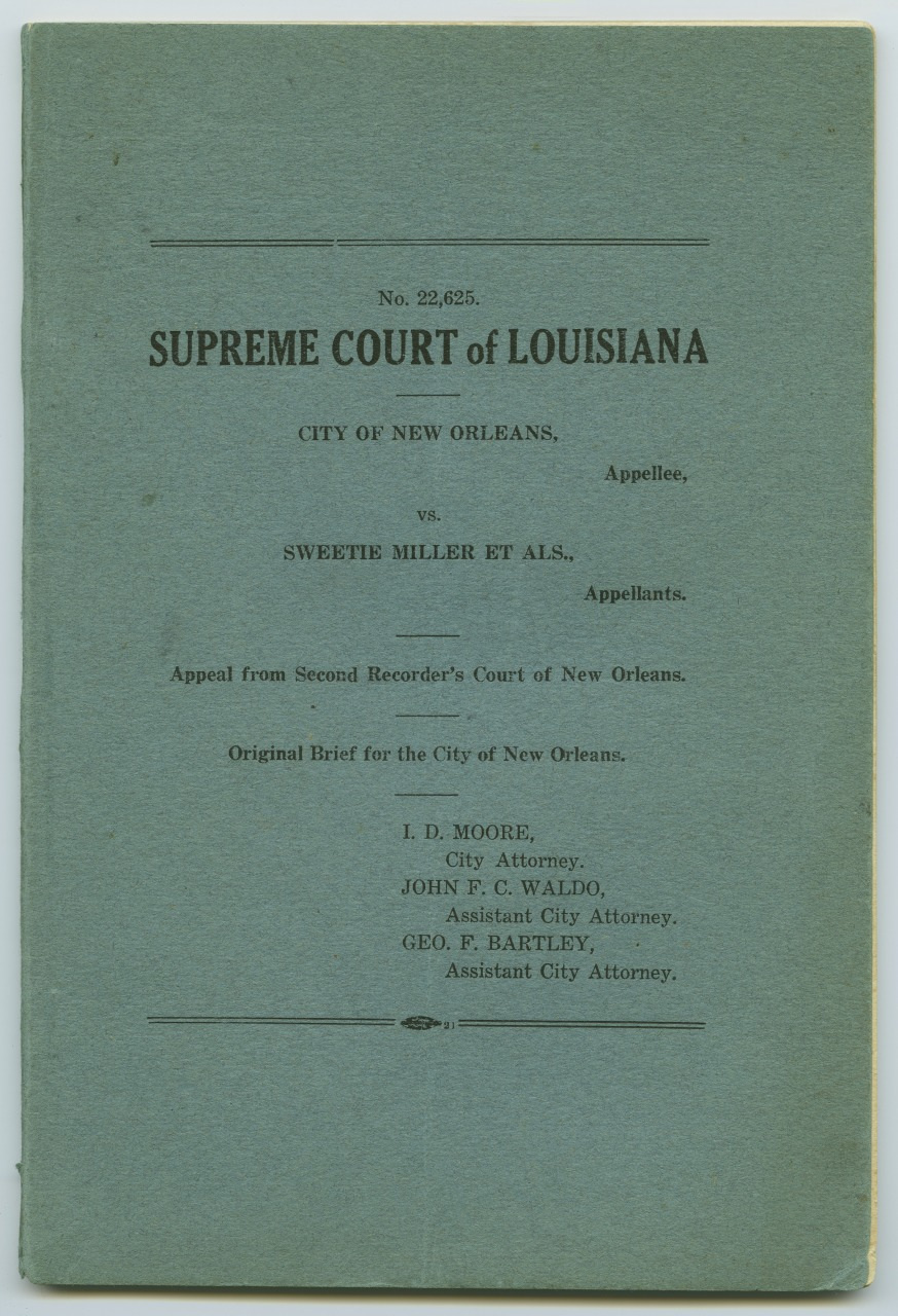 Cover page of a legal brief titled Supreme Court of Louisiana for case No. 22,625. It involves the City of New Orleans as appellee versus Sweetie Miller et al. as appellants. Attorneys listed include I.D. Moore and others from the City Attorneys office.