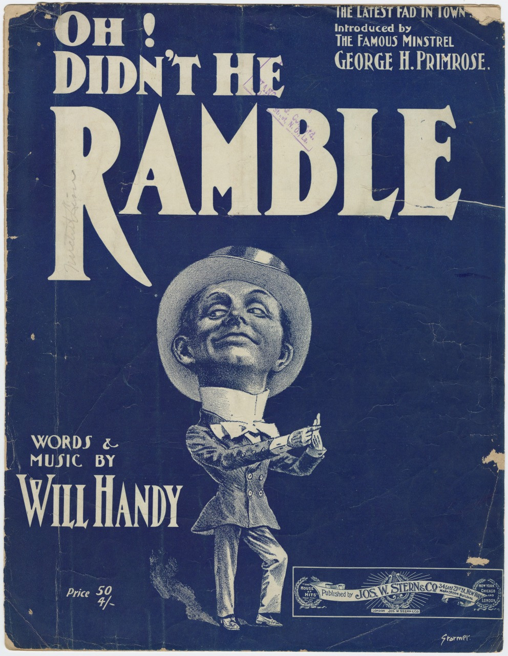 Vintage sheet music cover titled Oh! Didnt He Ramble by Will Handy. Features an illustrated man in a bowler hat and suit, holding a cane. The background is blue with white text.