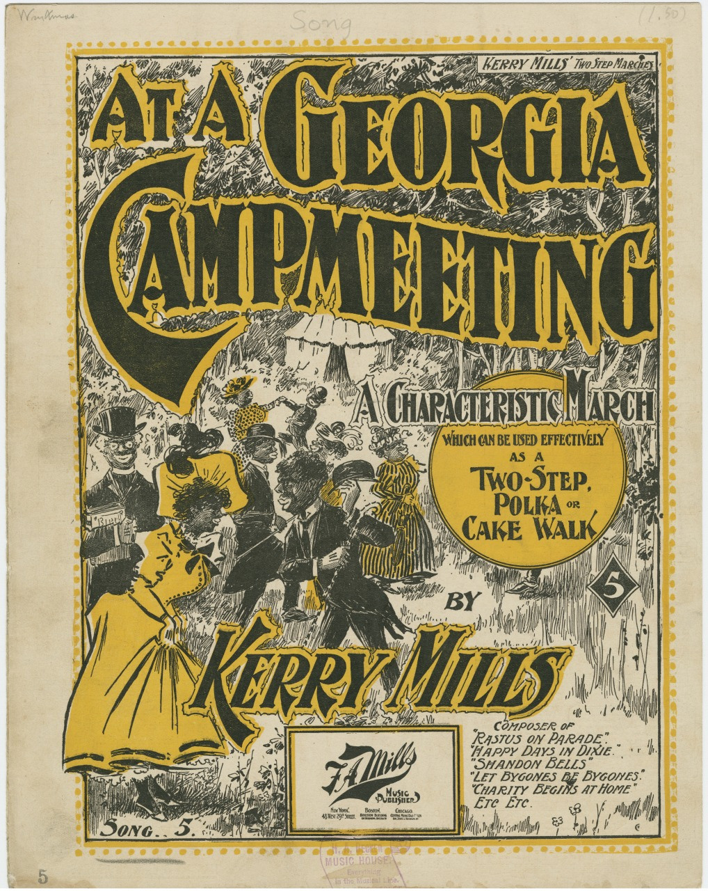 Vintage sheet music cover titled At a Georgia Campmeeting by Kerry Mills. Illustrations show people dancing and socializing at a lively outdoor event, with prominent text and decorative design elements in a yellow and black color scheme.