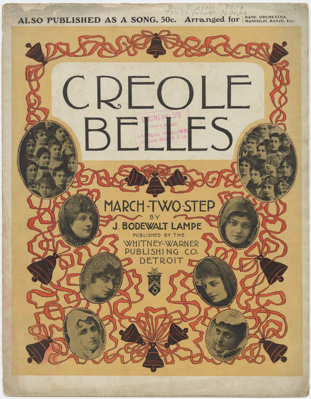 Vintage sheet music cover titled Creole Belles by J. Bodewalt Lampe, featuring ornate red and gold designs with black-and-white portraits of women. Appears as a March-Two Step piece.