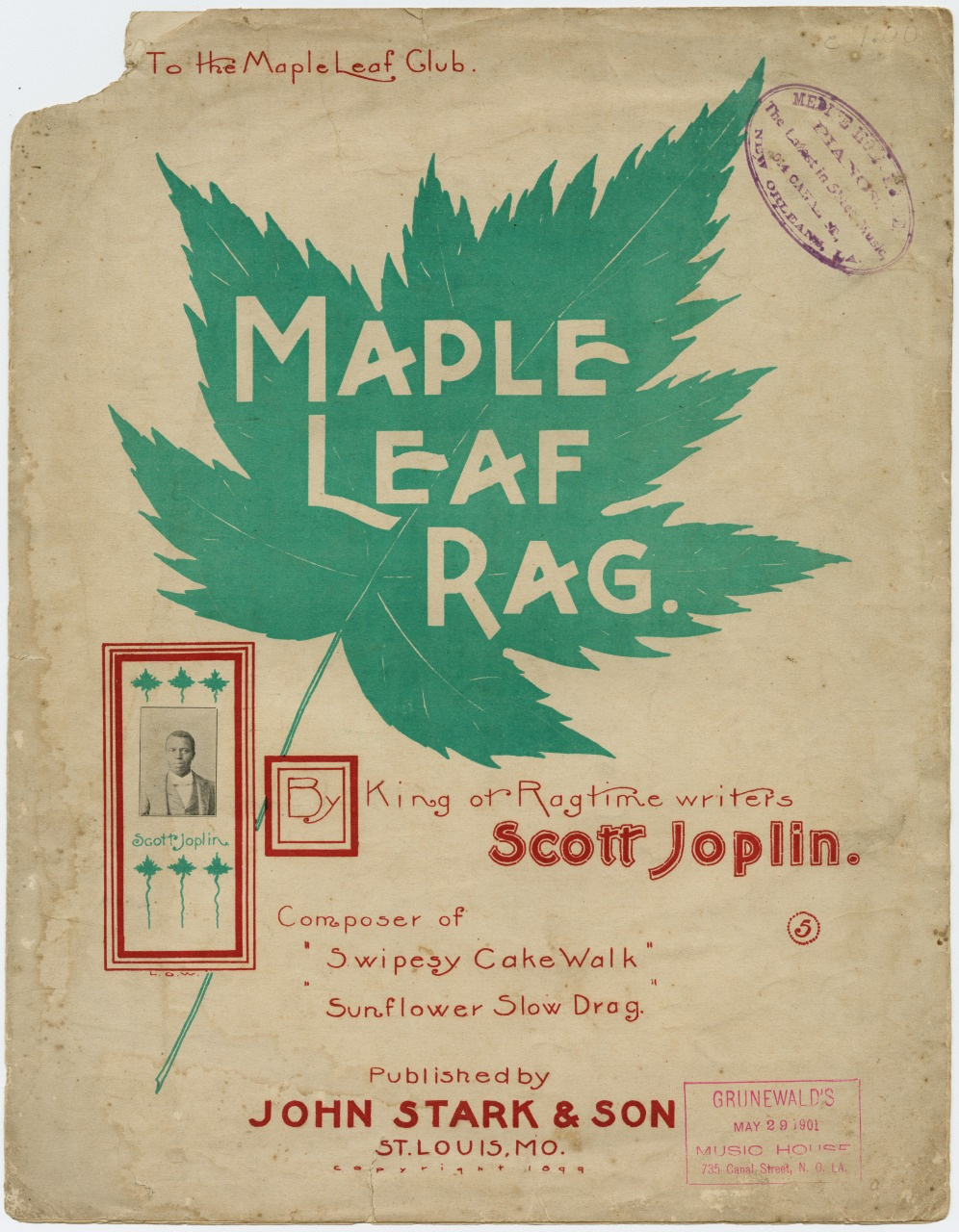 Sheet music cover for Maple Leaf Rag by Scott Joplin, featuring a large green maple leaf with text. Includes an inset portrait of Scott Joplin and publication details by John Stark & Son, dated May 28, 1899.