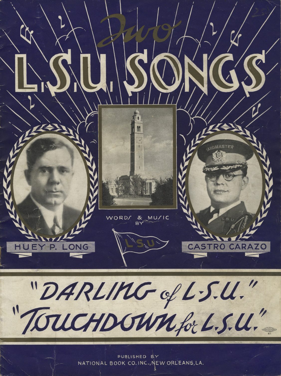 The purple sheet music cover for two LSU songs, featuring portraits of Huey Long and Castro Carazo, an illustrated LSU flag, and an image of the state capitol building in Baton Rouge.