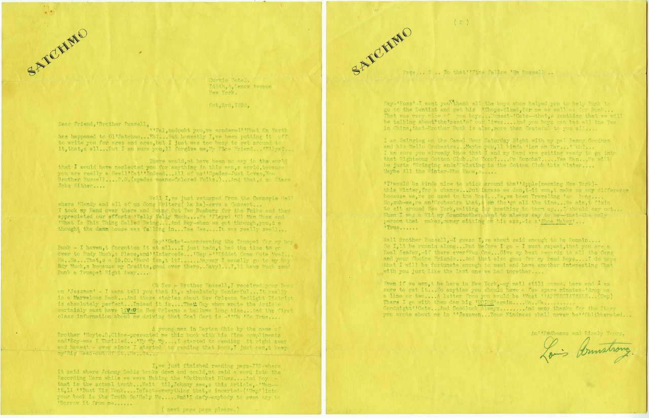 A two-page typewritten letter on yellow paper, featuring the letterhead SATCHMO in bold. The letter is signed at the bottom of the second page. The text is aligned left, with some sections underlined for emphasis.