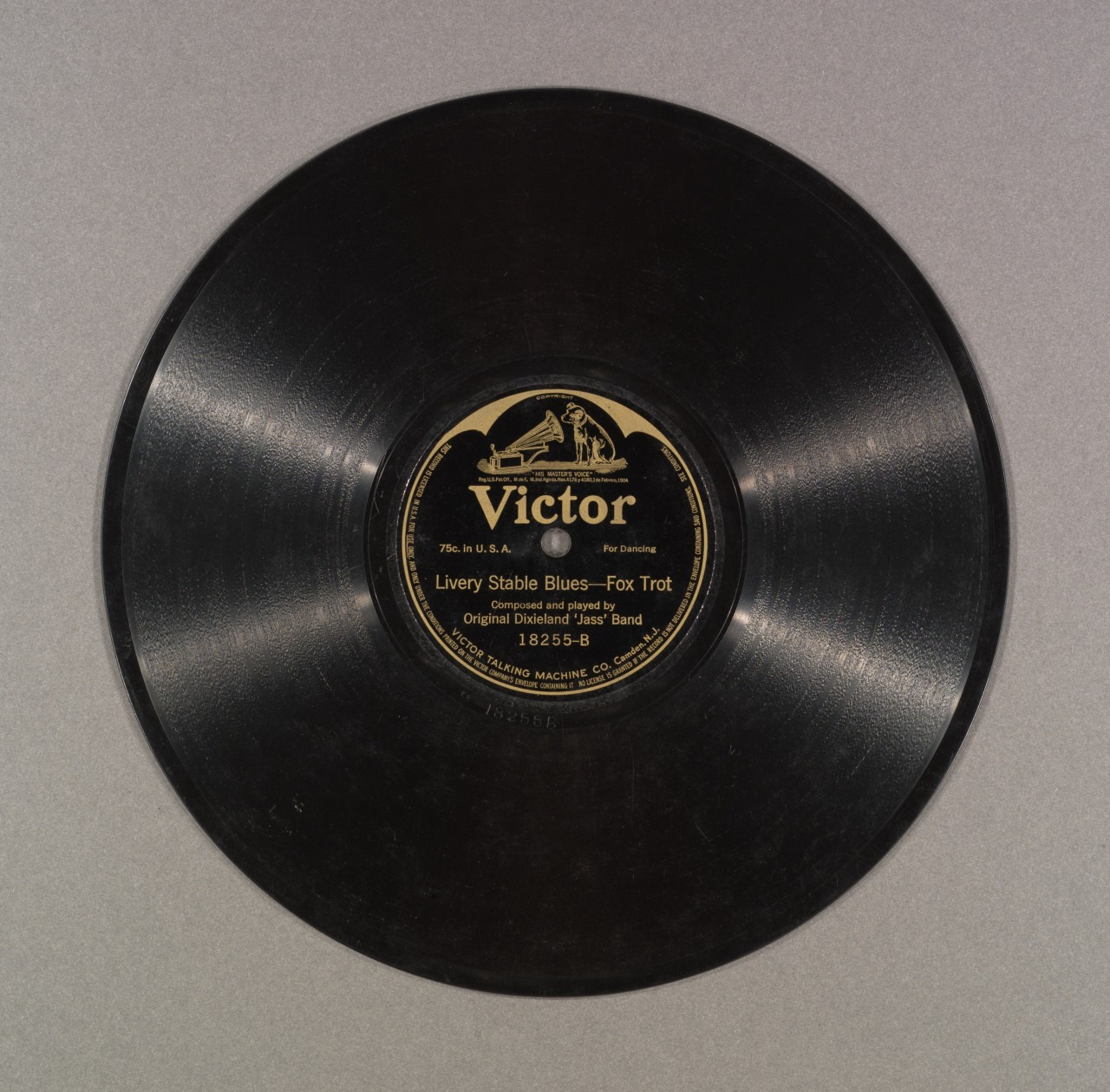 A vintage Victor 78 RPM vinyl record titled Livery Stable Blues. The label is black with gold text and details the Original Dixieland Jazz Band, catalog number 18255-B, produced by the Victor Talking Machine Company.