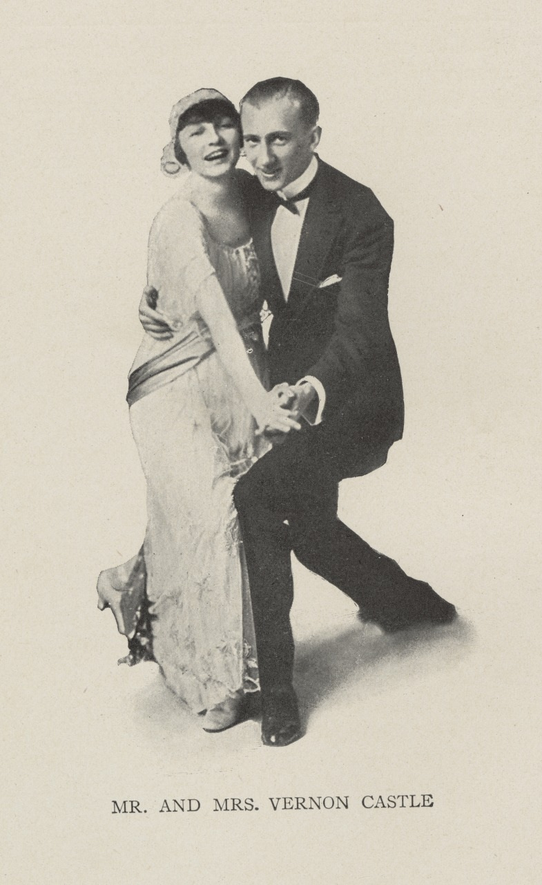 A vintage black and white photograph of a smiling couple dancing together. The woman wears a flapper-style dress and headband, while the man is in a tuxedo with a bow tie. They are identified as Mr. and Mrs. Vernon Castle.