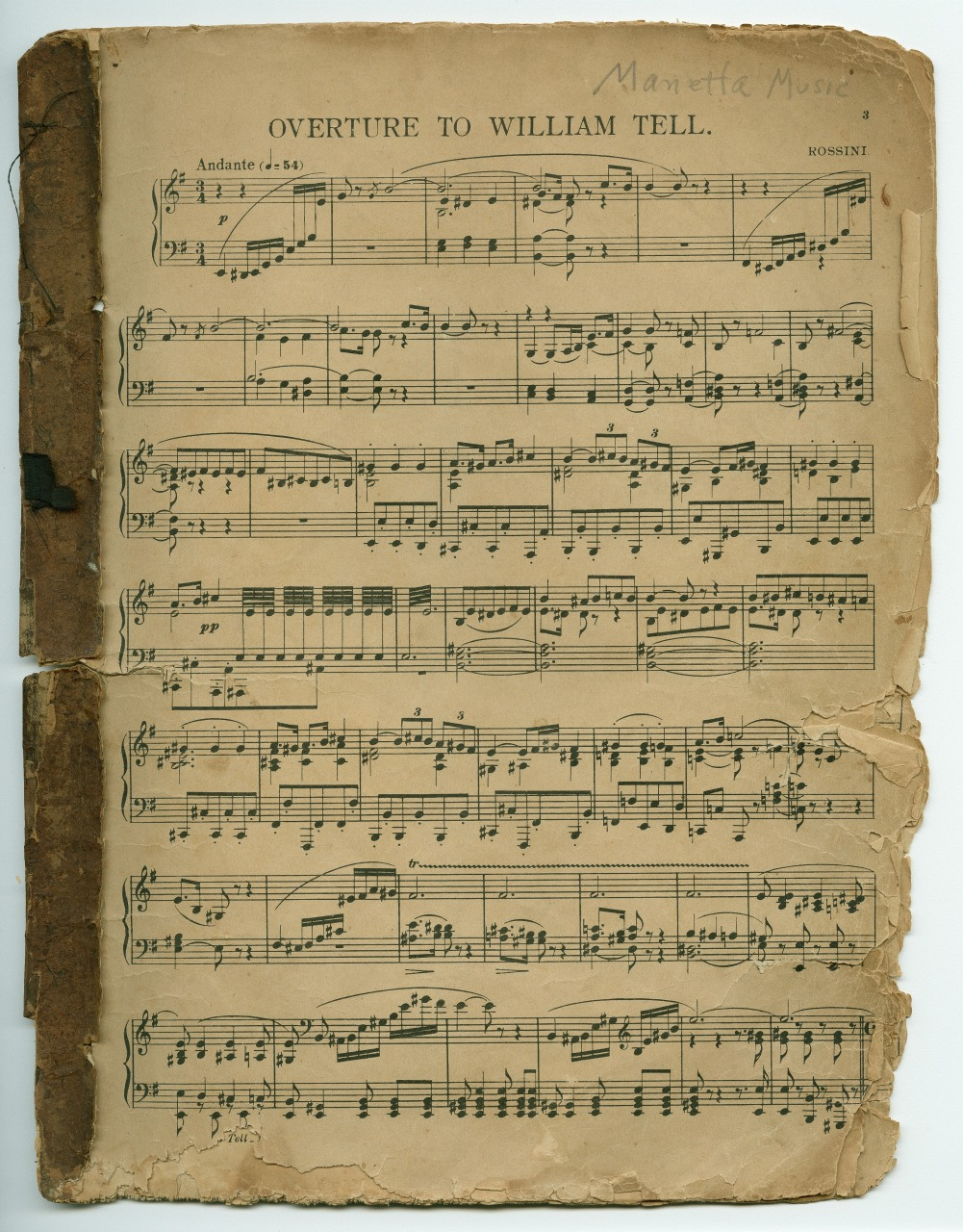 A worn sheet music page titled Overture to William Tell, composed by Rossini. The paper is yellowed with age and has frayed edges. Handwritten notations are visible at the top right corner.
