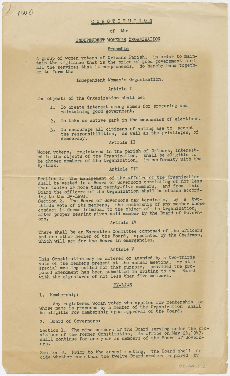 Typed document titled Constitution of the Independent Womens Organization describing its objectives and membership rules. The text outlines the organizations aims to encourage interest in government and promote informed voting.