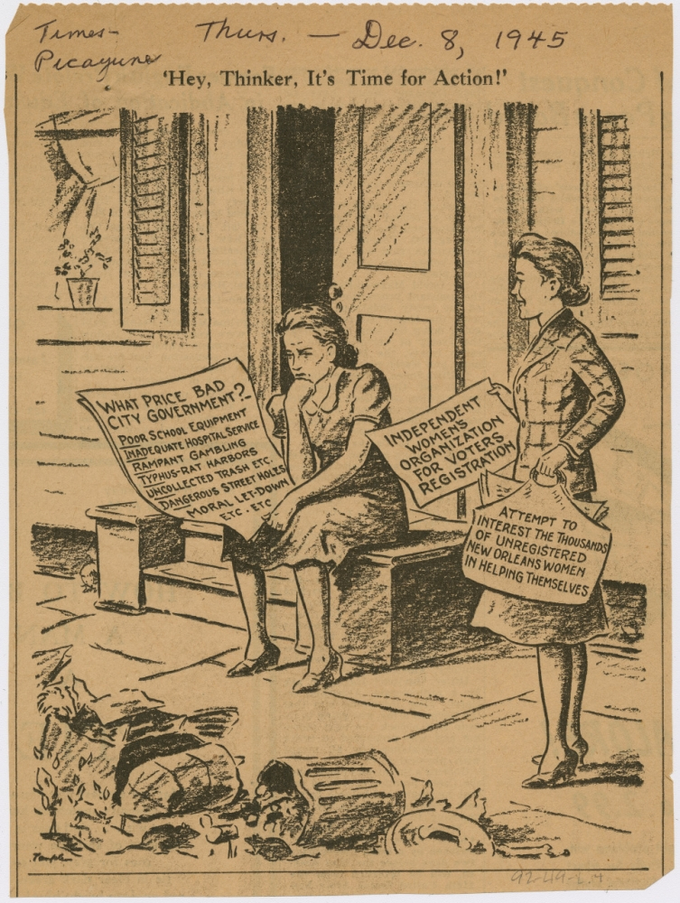 A vintage illustration depicting a contemplative woman seated on a doorstep with papers about bad city government and womens issues. Another woman stands beside her, and trash litters the street, emphasizing the need for action.