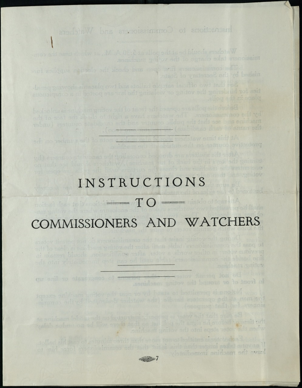 A vintage document titled Instructions to Commissioners and Watchers. The paper appears old and slightly wrinkled, with a centered text layout in a classic font and decorative lines. Page number 7 is visible at the bottom.