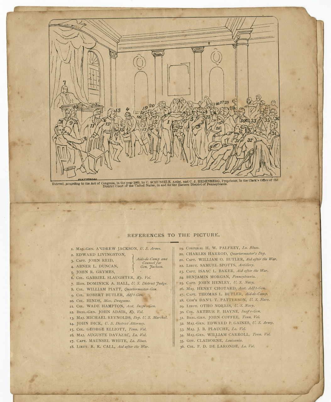 A historical illustration depicting numerous people gathered in a large, ornate room with high ceilings and tall windows. A key below lists names and roles, but the individuals are not identifiable in this detailed monochrome drawing.