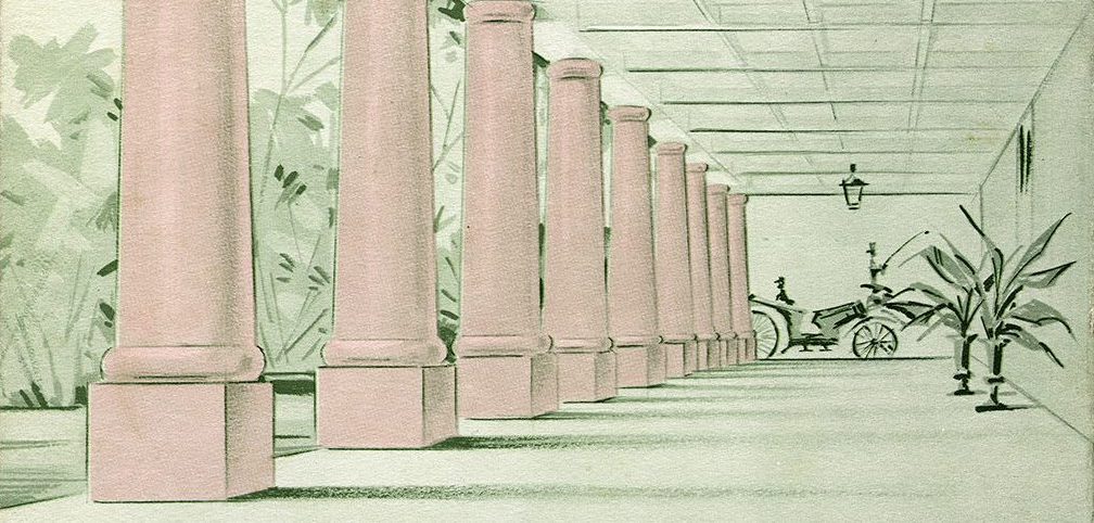 Detail of the back cover from the Elmwood Plantation menu, showing an illustration featuring the columns of the building.