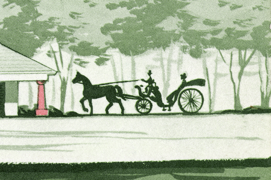 Detail from the Elmwood Plantation menu, showing an illustration of a horse-drawn carriage.