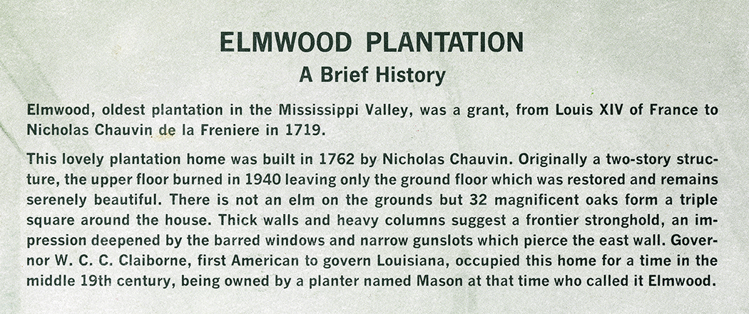 Detail view of a menu from Elmwood Plantation describing "a brief history" of the site.