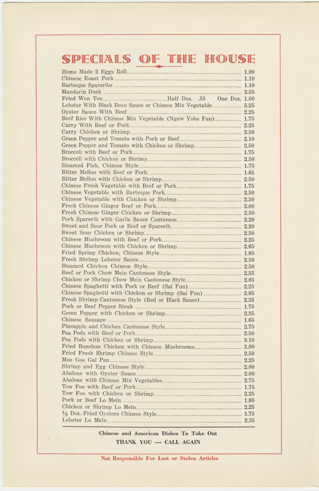 Interior page of Fong Restaurant menu, between 1960 and 1970.