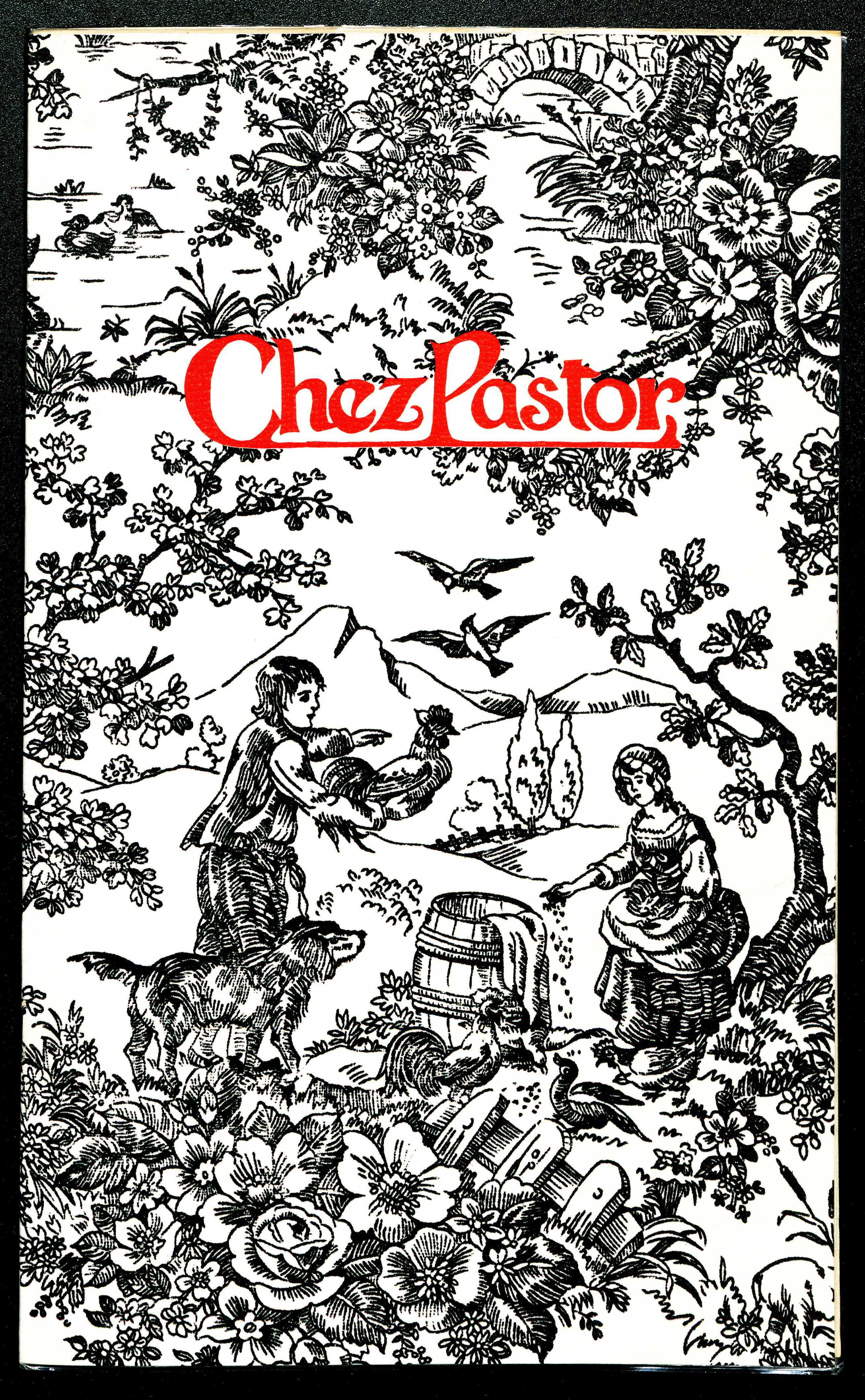 Black and white illustration of a pastoral scene with two people, a dog, and a rooster among trees and flowers. A barrel and a fence are in the foreground. Chez Pástor is written in red letters at the top.