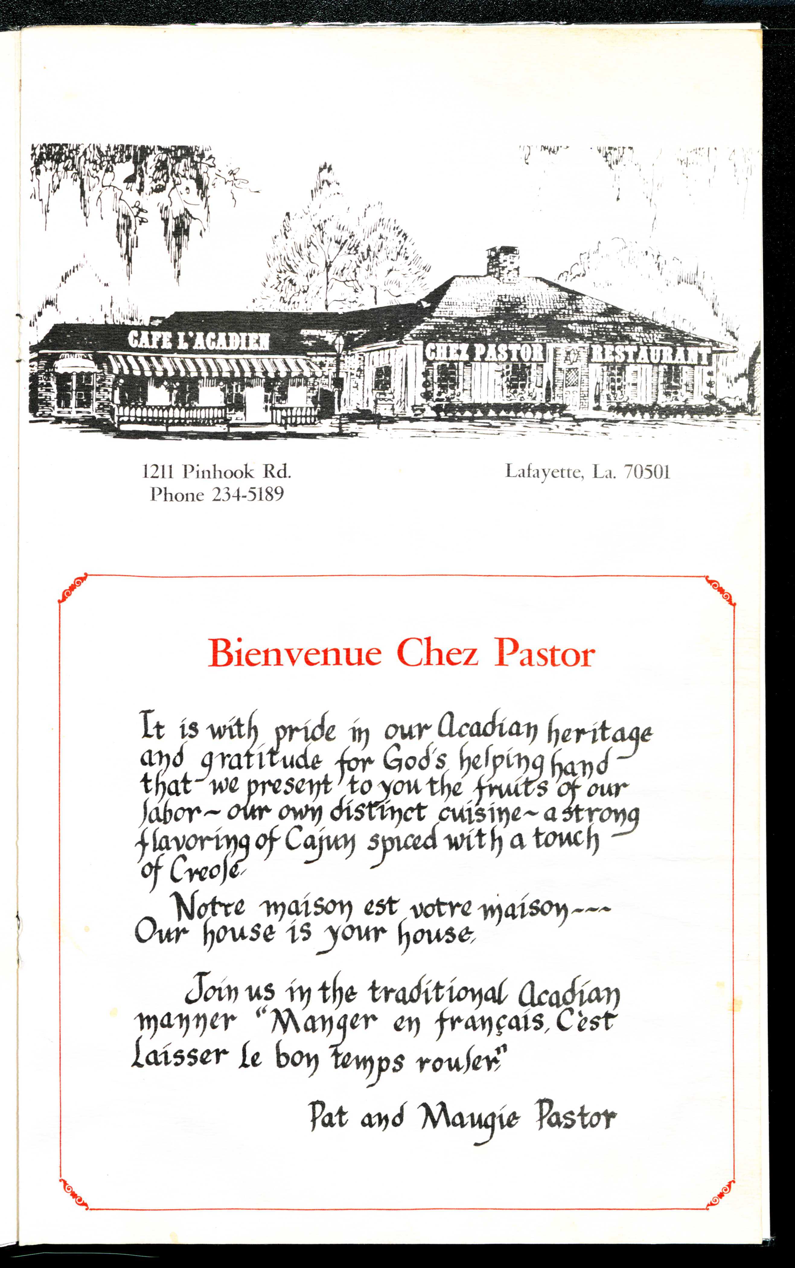 An illustration of Café LAcadien Restuarant is at the top, with its address and phone number below. A welcome message titled Bienvenue Chez Pastor expresses hospitality and invites guests to enjoy Acadian cuisine. Signed by Pat and Margie Pastor.