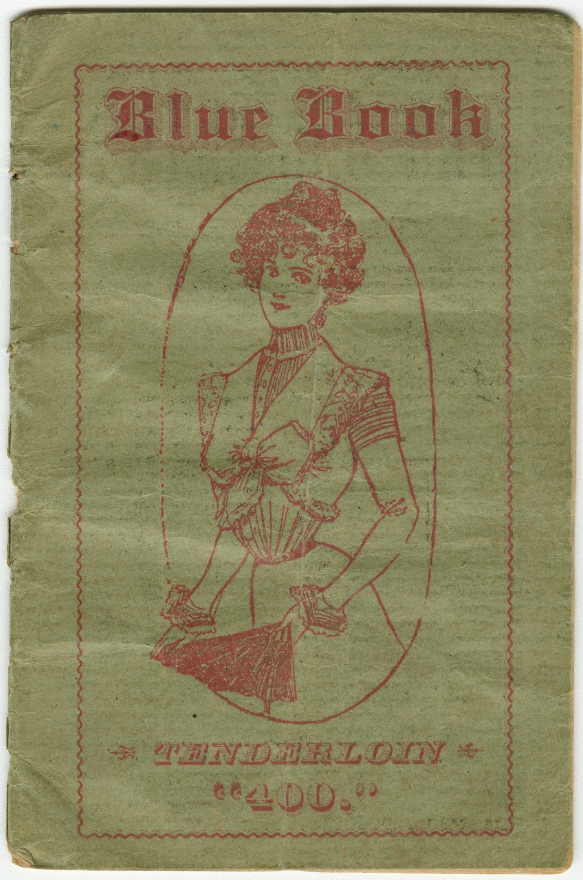 Cover of an old book titled Blue Book with an illustration of a woman in a Victorian-style outfit holding a fan. The text Tenderloin 400 is also visible on the greenish cover.