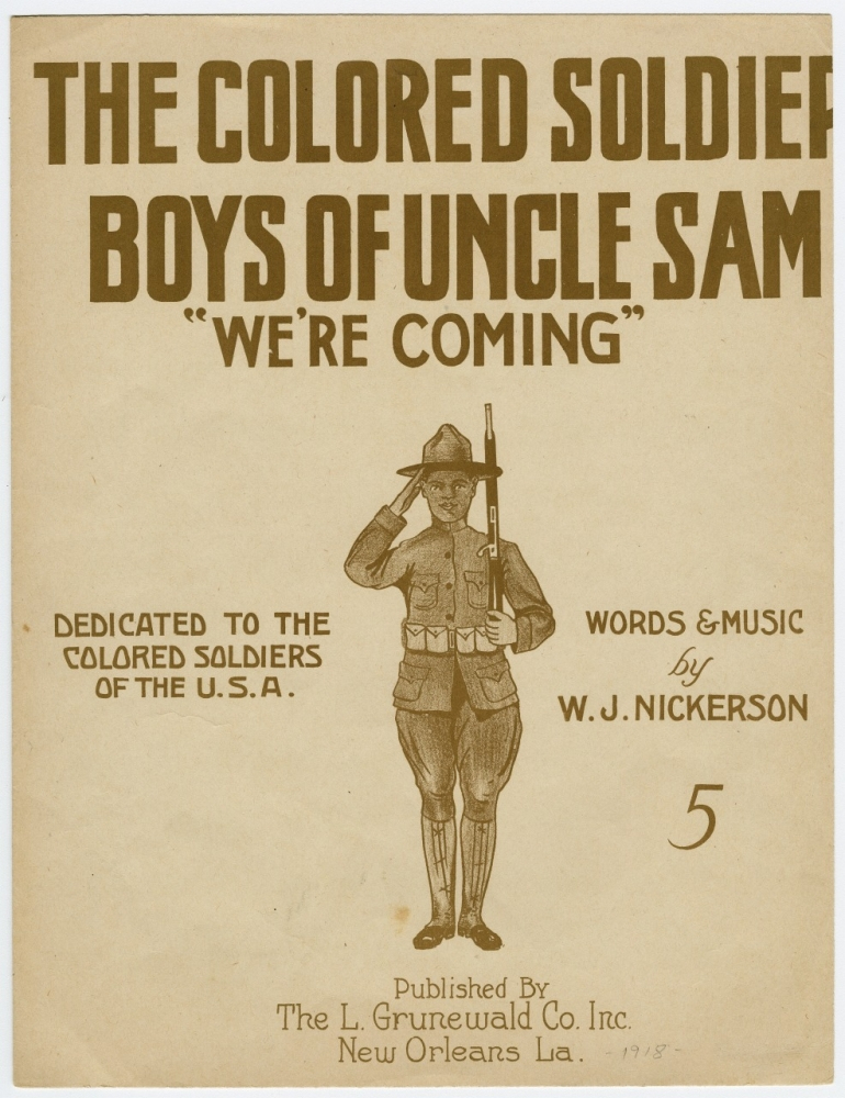 Sheet music cover titled The Colored Soldier Boys of Uncle Sam: Were Coming, featuring an illustration of a soldier holding a rifle. It is dedicated to the colored soldiers of the U.S.A. and was published in 1918.