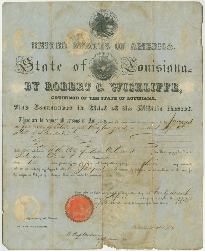 An antique document from the State of Louisiana, dated 1856, with official seals and ornate typography. It features signatures from government officials, a red wax seal, and instructions written in elegant cursive.