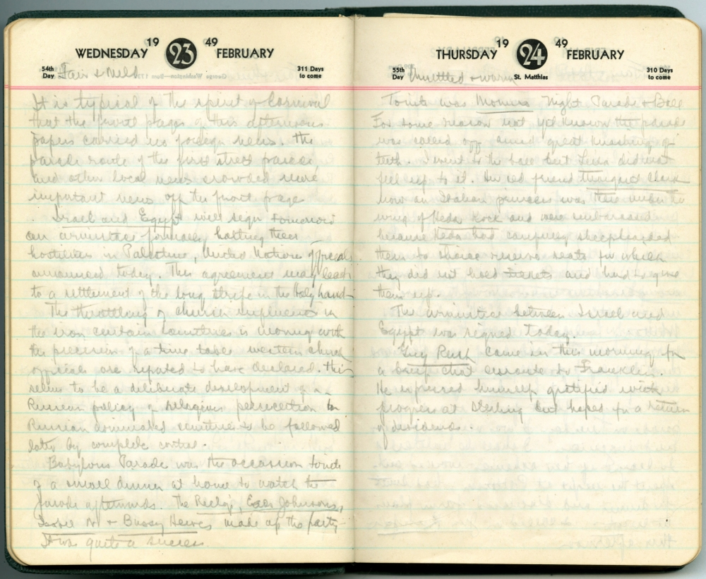 A two-page spread of a dated diary entry from 1949, written in cursive handwriting. The pages include entries for Wednesday, February 23, and Thursday, February 24, with various personal reflections and observations.
