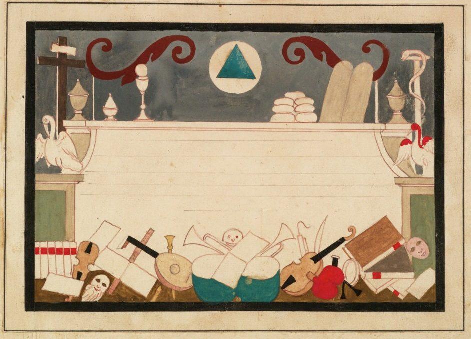 An abstract artwork features a collection of musical instruments, including drums, violins, and a horn, along the bottom. Above are ornate script-like elements, a blue triangle within a circle, and various shapes and objects, all set against a bordered backdrop.