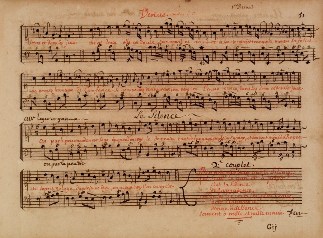A page of antique sheet music titled Le Silence with musical notes and French lyrics handwritten in red ink. The text and notes span several staves, with ornate headings and margins, on aged paper.