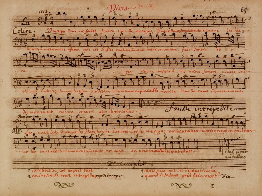 A handwritten musical score with notes and lyrics arranged in multiple staves. The title reads Vices in red, with annotations and dynamic markings throughout. The sheet includes both musical notes and French text.