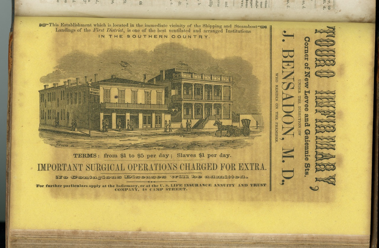 An illustrated advertisement for the Touro Infirmary featuring a large building. The text includes details about admission fees and emphasizes important surgical operations with additional charges.