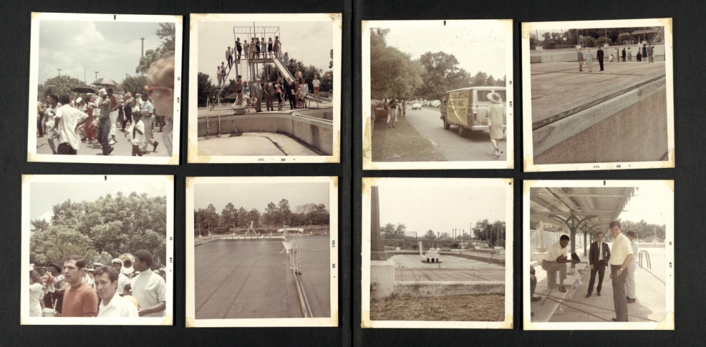 A collage of eight vintage photos showing people at an amusement park. Scenes include a slide, a vintage van, people gathered around water attractions, and individuals standing in a sheltered area. The images are in faded colors typical of old photographs.