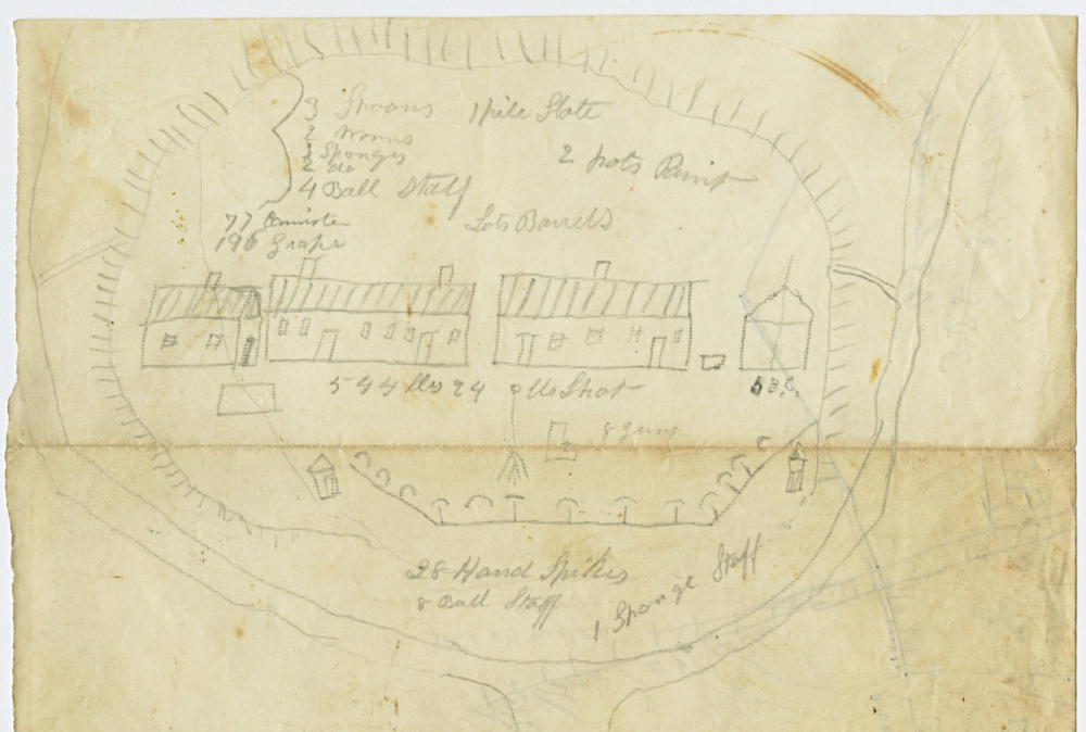 A hand-drawn map on yellowed paper shows a settlement layout with three large buildings and various labels in cursive, including items like 3 thorns and 10 barrels. The map is surrounded by sketchy lines representing roads or borders.
