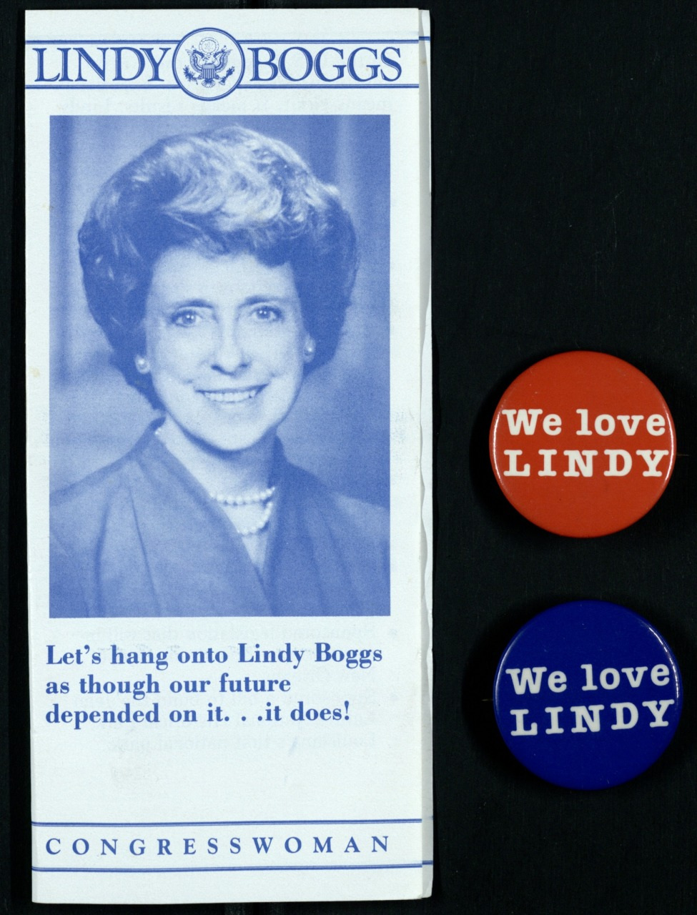 A campaign flyer with a photograph of Lindy Boggs, featuring the text Lets hang onto Lindy Boggs as though our future depended on it... it does! alongside two buttons saying We love LINDY in red and blue.