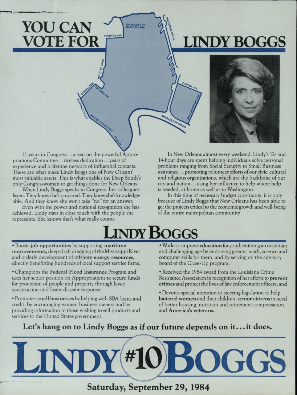 Campaign poster for Lindy Boggs featuring her portrait. Text highlights her experience, contributions to New Orleans, and educational initiatives. Includes a map of the area and the date, Saturday, September 29, 1984.