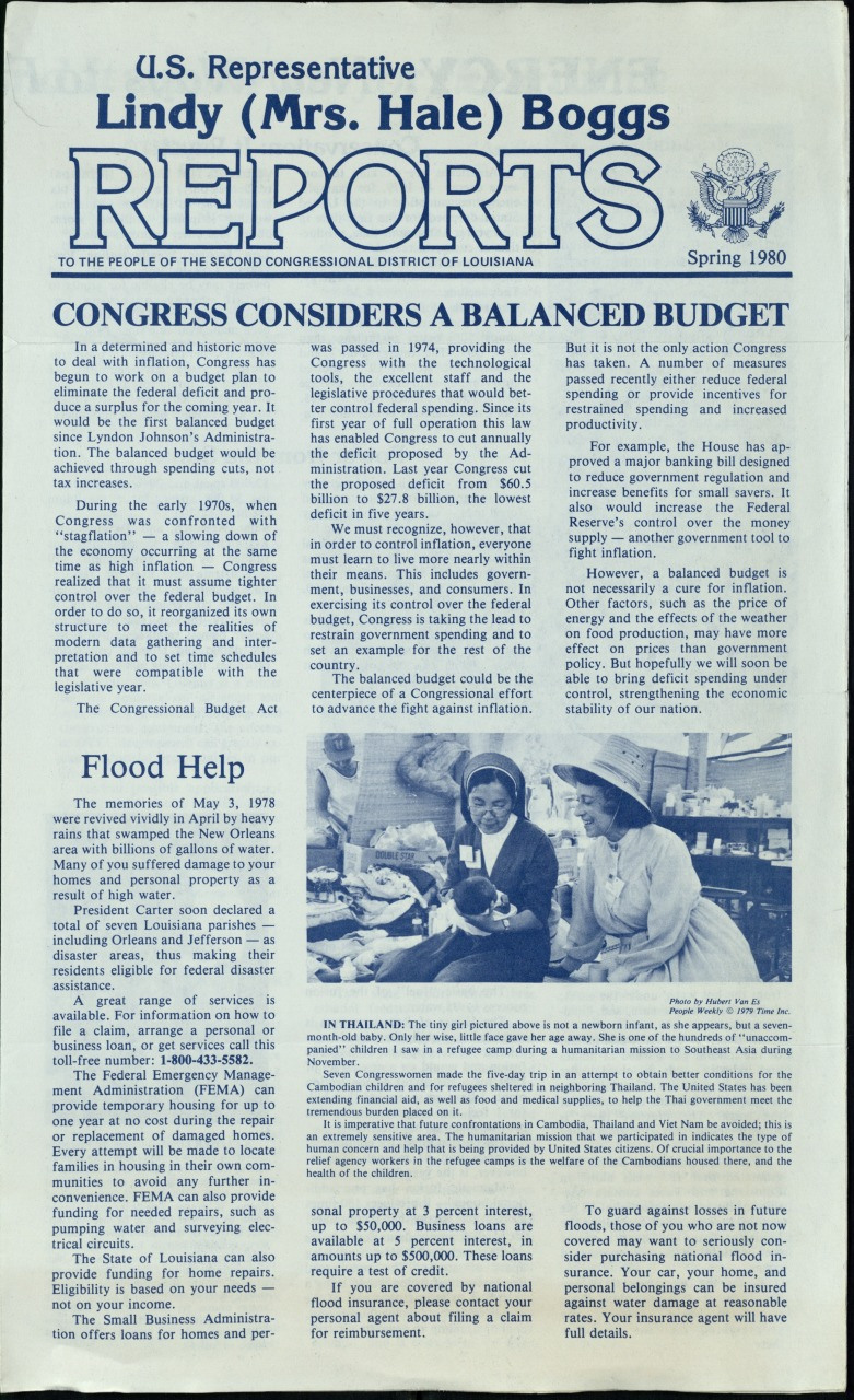 A newsletter titled Lindy (Mrs. Hale) Boggs Reports from Spring 1980. Sections include Congress Considers a Balanced Budget and Flood Help, addressing budget discussions and flood assistance. Features a U.S. Capitol illustration and the congressional seal.