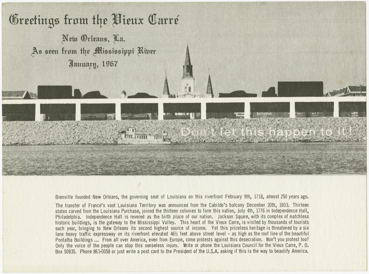 A black and white vintage postcard titled Greetings from the Vieux Carré. It features a view of New Orleans, LA, from the Mississippi River in January 1967. Text on the image discusses the history of the area and urban development concerns.