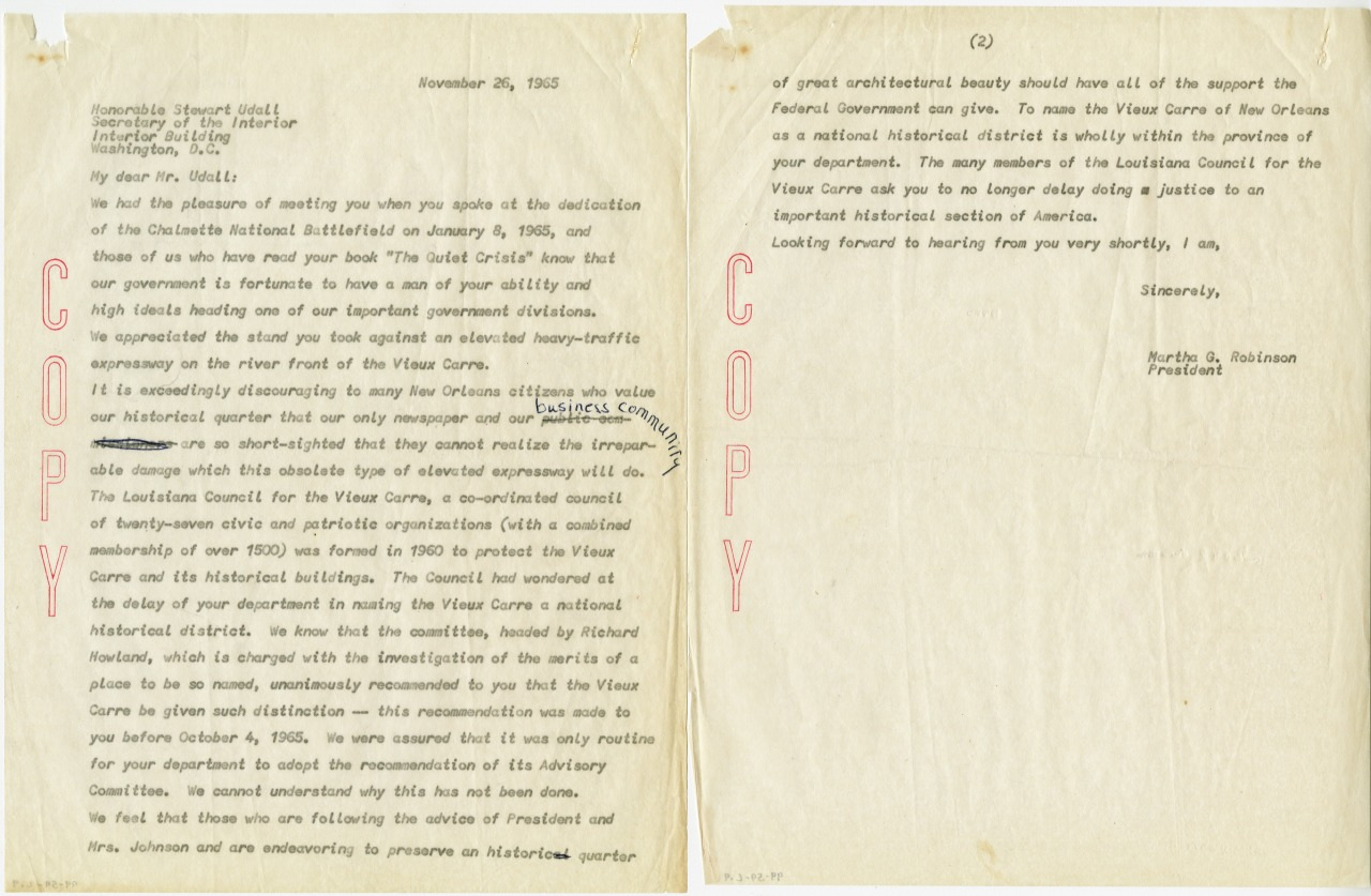 A typed letter dated November 26, 1935, addressed to the Director of the National Park Service. The letter discusses historical preservation concerns about the Vieux Carré area and requests support from the federal government.