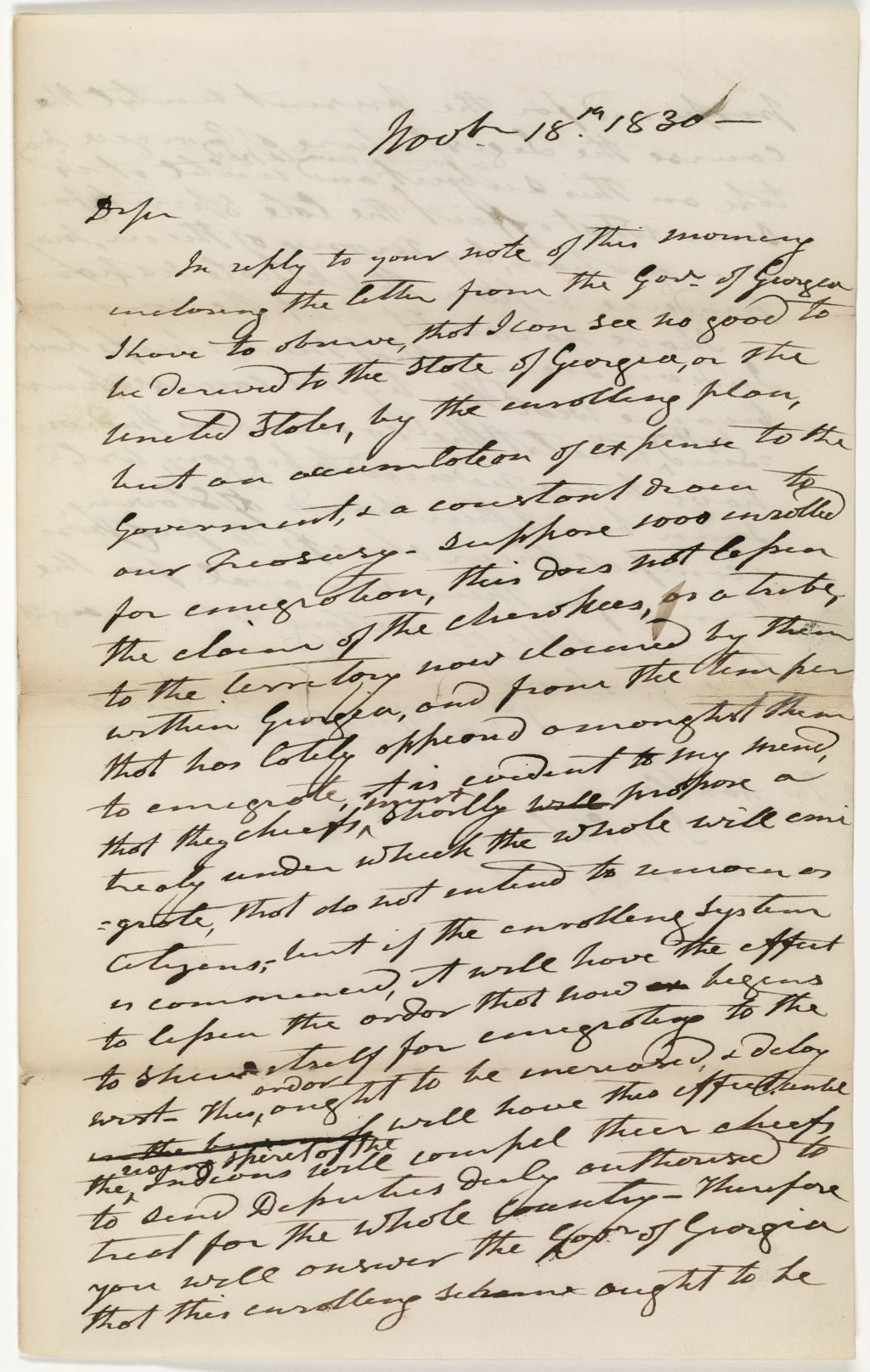 A handwritten letter dated November 15, 1823, featuring cursive script on aged paper. The text is dense with some words and phrases underlined, indicating emphasis.