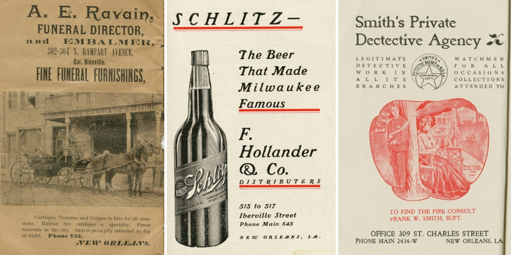 A trio of vintage advertisements. Left: Funeral director A.E. Ravains ad with a horse-drawn carriage. Center: Schlitz beer ad featuring a bottle. Right: Smiths Private Detective Agency ad with magnifying glasses and a detective.