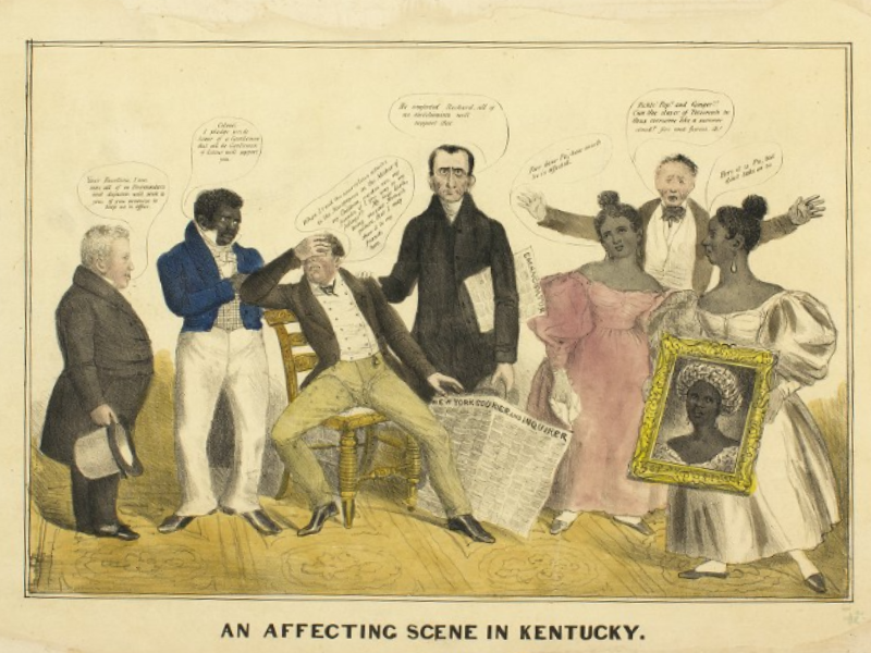 A satirical illustration depicting a diverse group of people surrounding a seated man holding a newspaper. Speech bubbles convey varying dialogues. Two women hold a framed portrait. The scene is labeled An Affecting Scene in Kentucky.