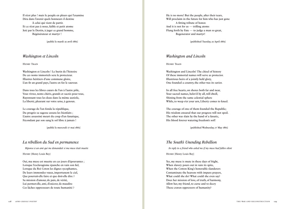An open book with text on both pages. The left page contains French poetry, including titles Washington et Lincoln and La rébellion du Sud en permanence. The right page features the English translations of these poems.
