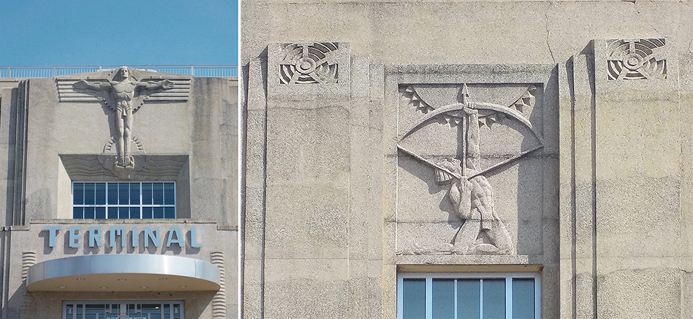 Art Deco architectural details on a building. The left image shows TERMINAL signage with an eagle sculpture above. The right image features a sculpted figure with a bow and arrow, surrounded by geometric patterns.