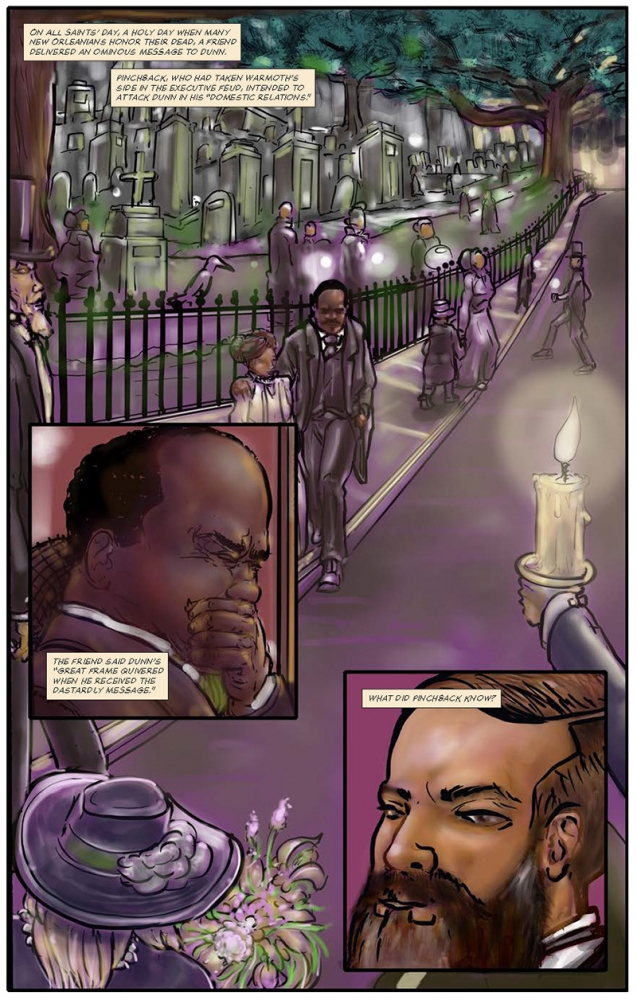 A comic page showing people in a cemetery at night. They hold candles while walking past gravestones. Inset panels depict close-ups of two men, with one appearing pensive above dialogue boxes. A bottom panel shows a man with a beard thinking.
