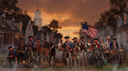 A scene from American Revolution: The Augmented Exhibition shows a posed view of a variety of soldiers and citizens who contributed to the cause, flanked by cannons and a colonial American flag.