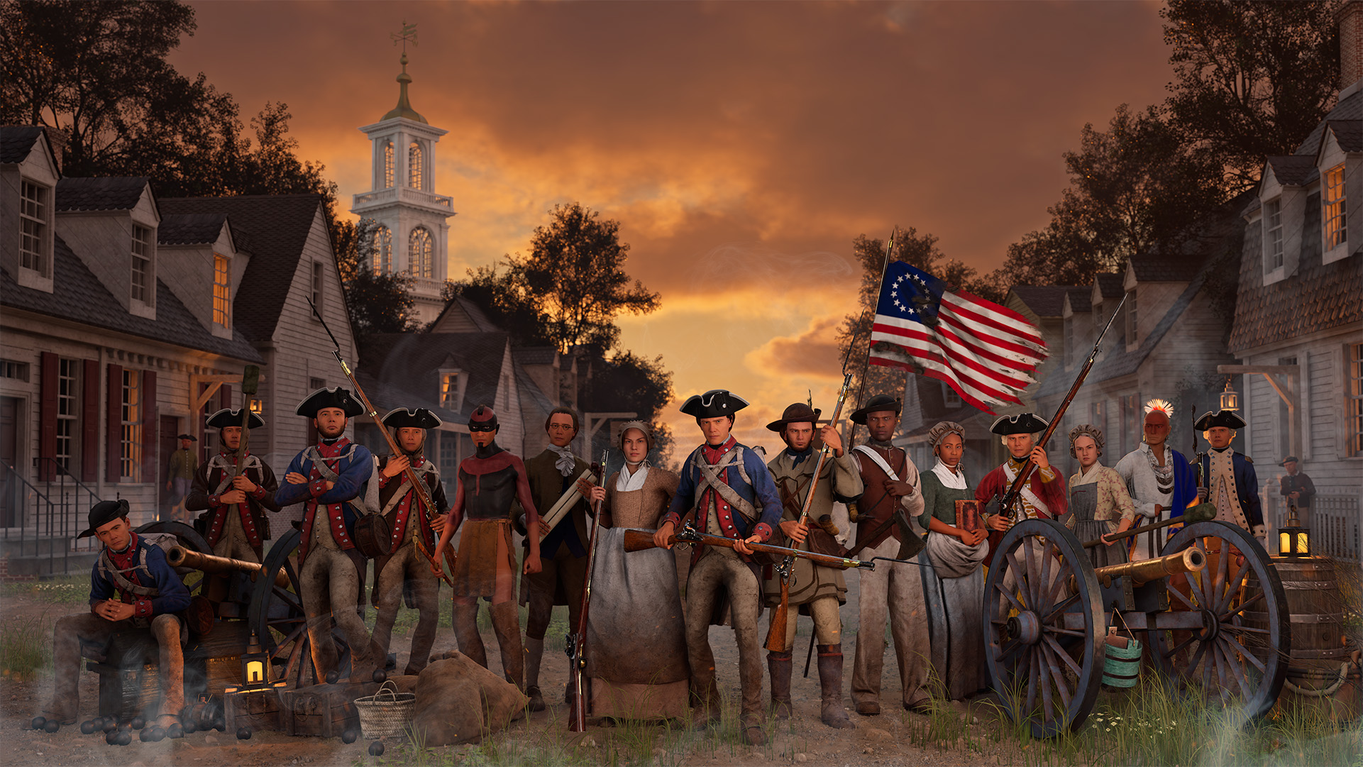 A scene from American Revolution: The Augmented Exhibition shows a posed view of a variety of soldiers and citizens who contributed to the cause, flanked by cannons and a colonial American flag.