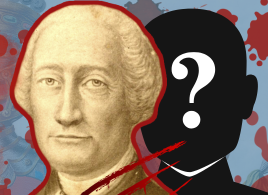 A sepia-toned portrait of an 18th-century man next to a silhouetted figure with a question mark. The silhouettes are outlined in red, with smudges and splatters on a blue background.