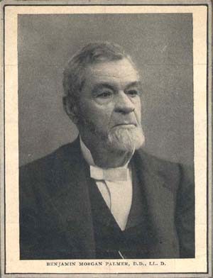 A black and white portrait of an older man with a beard, wearing a suit and bow tie. The image has a border and the name Benjamin Morgan Palmer, D.D., LL.D. is written at the bottom.
