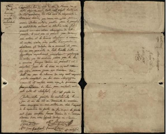 An old handwritten letter with cursive script, featuring four equally sized sections on aged, yellowed paper. Some text is faded or smudged, and there are visible folds and creases throughout the document.
