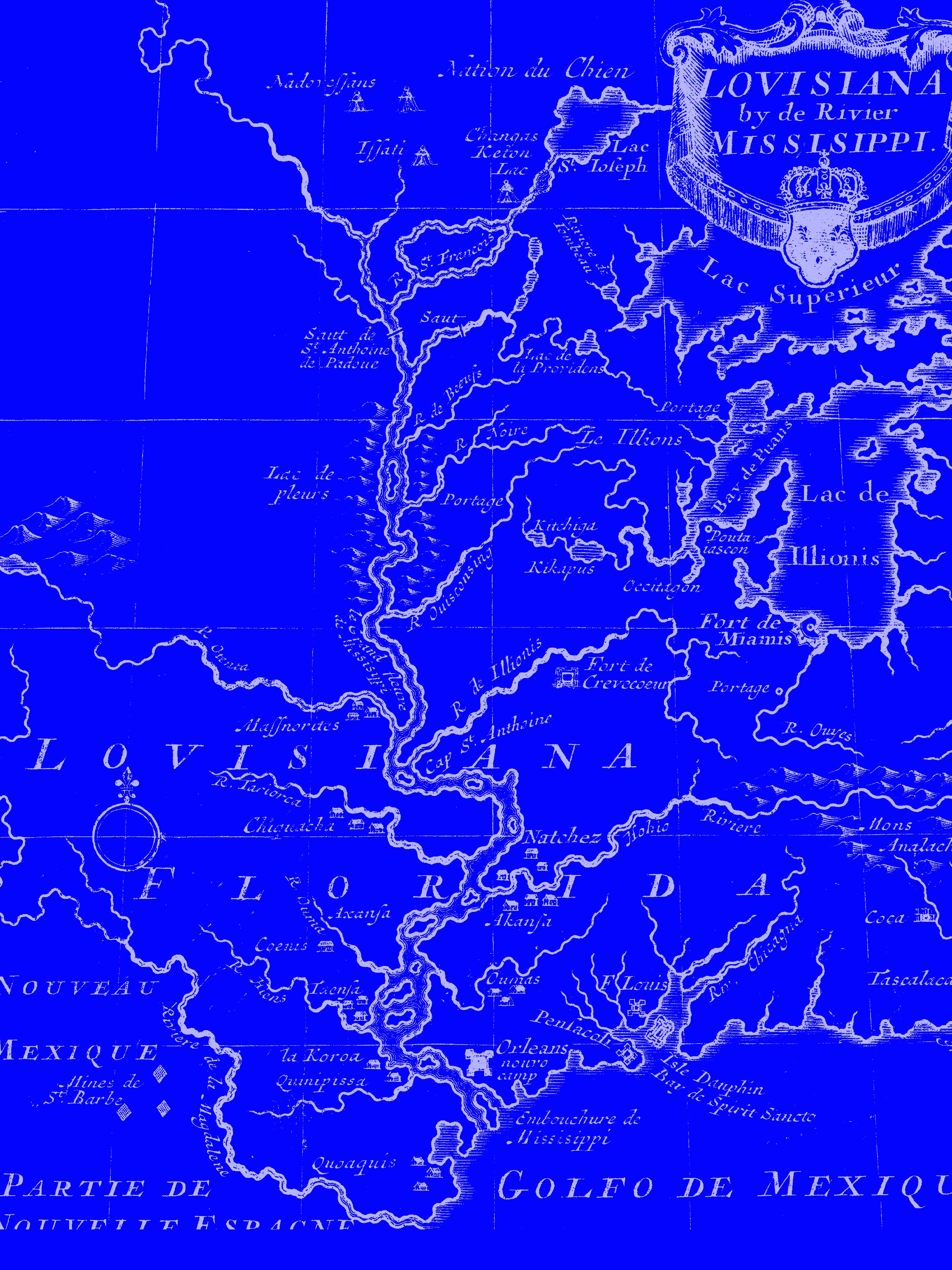 A stylized version of a French colonial map of the Mississippi River valley.