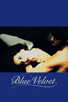 A movie poster for "Blue Velvet" shows a woman reclining in the arms of a shirtless man.