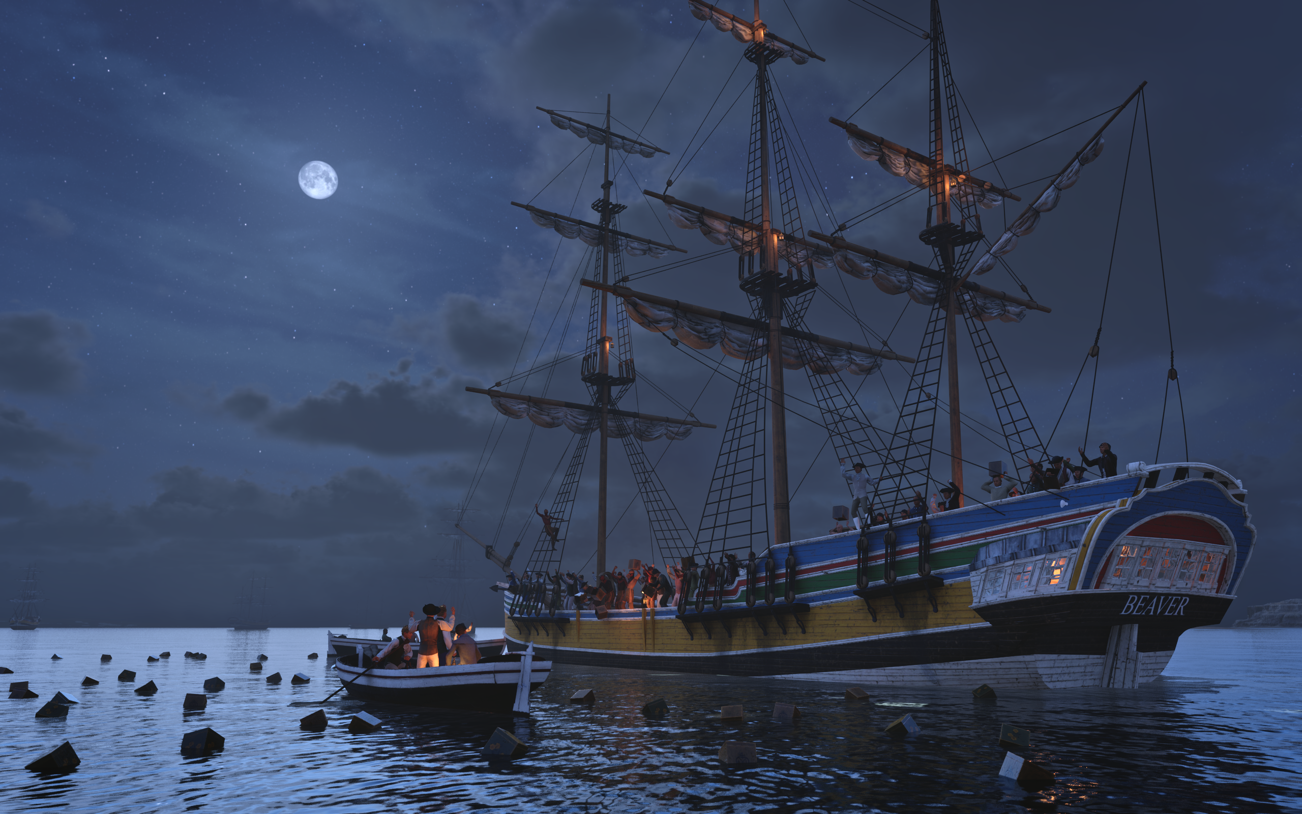 Still rendering from "American Revolution: The Augmented Exhibition" showing the Boston Tea Party.